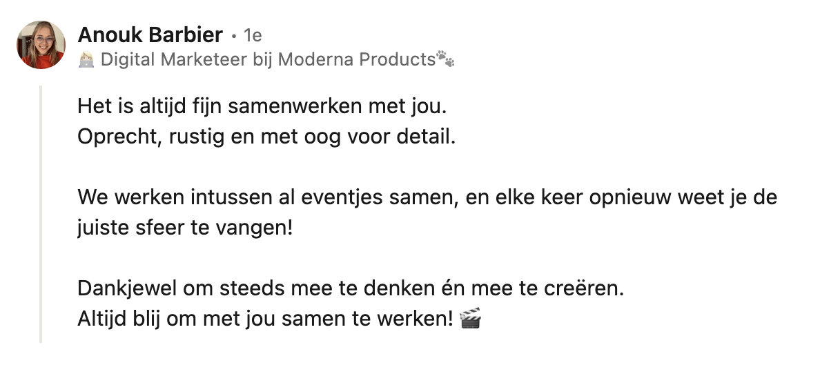 testimonial Anouk Barbier van Moderna Products 5* review over Letters & Pixels van Merel Aelbrecht